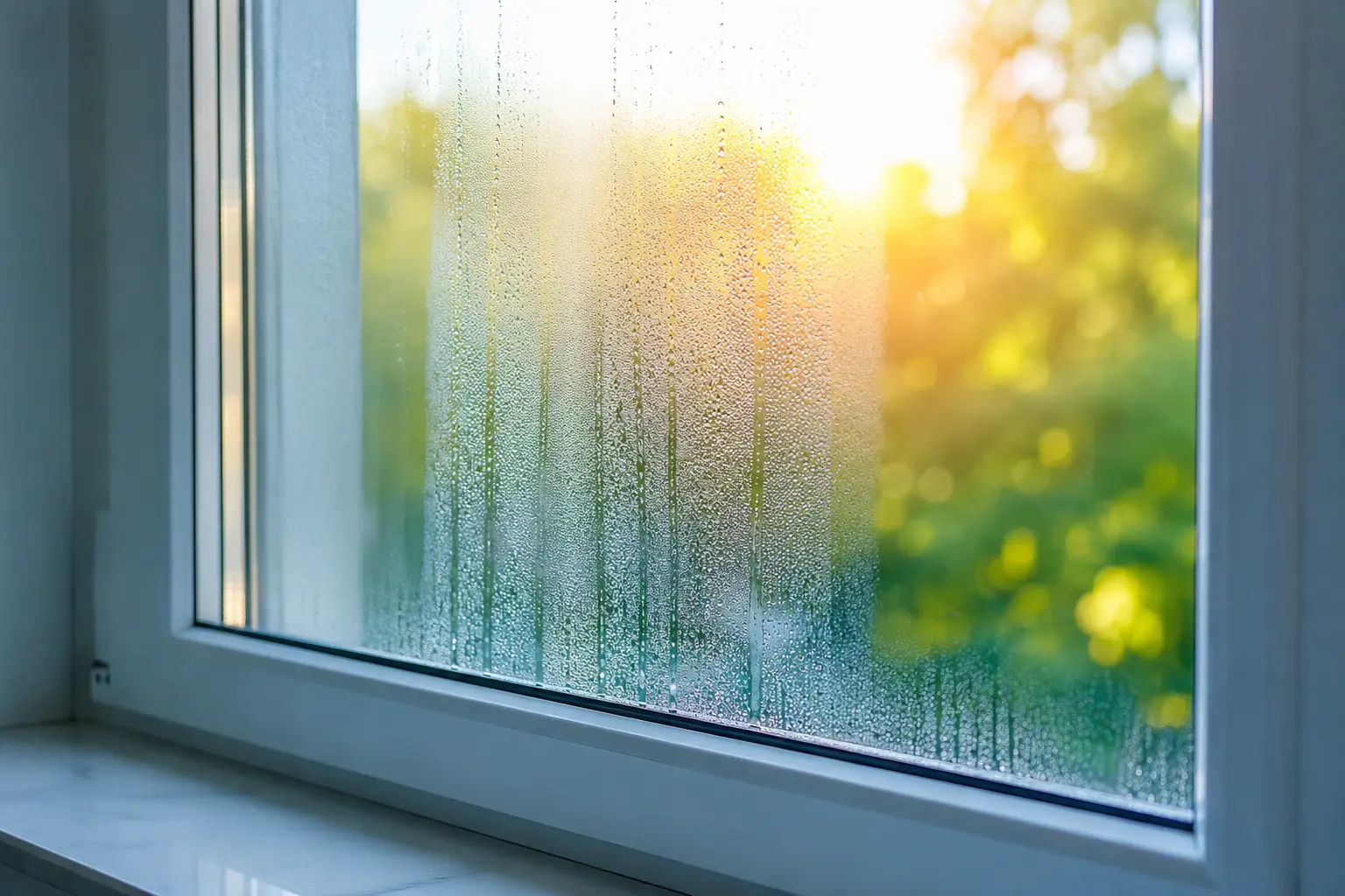 Kondenswasser am Fenster im Sommer außen bei moderner Isolierverglasung
